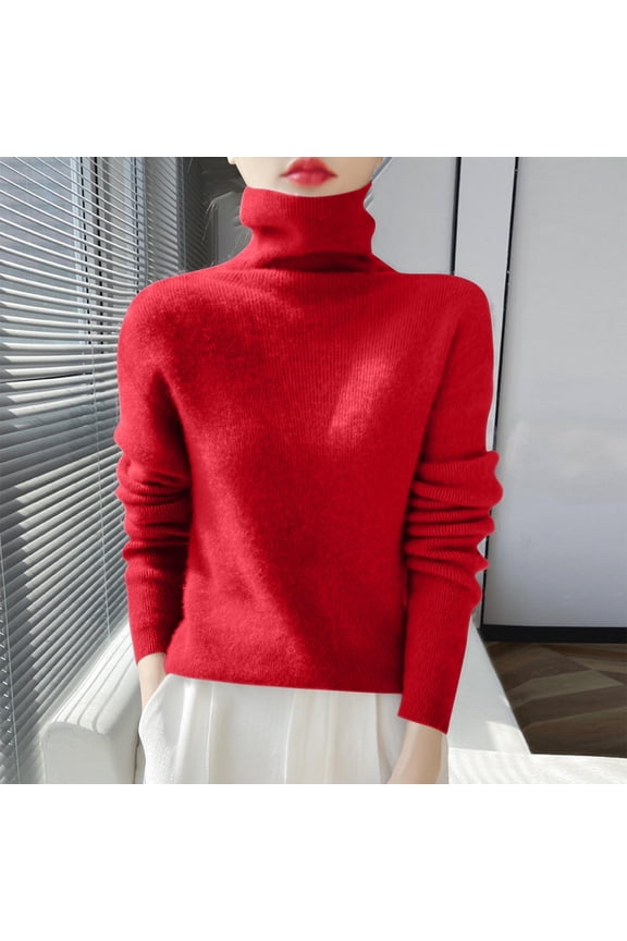 Women's Knitted Sweater Base Shirt Long Sleeved Fashionable Turtleneck Top Red M Summer Clearance