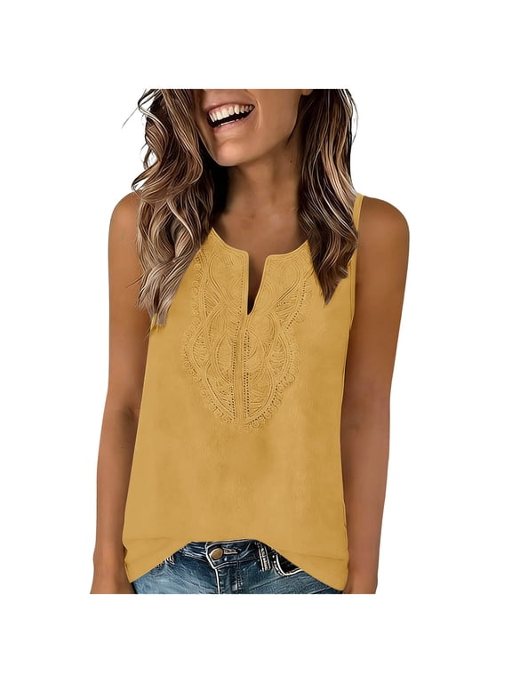 Women's Lace Embroidered Sleeveless Tank Top Split V-Neck Casual Blouse Yellow M