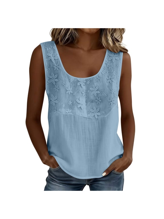 Women's Lace Patchwork Sleeveless Tank Top U-Neck Floral Embroidered Casual Blouse Light Blue M