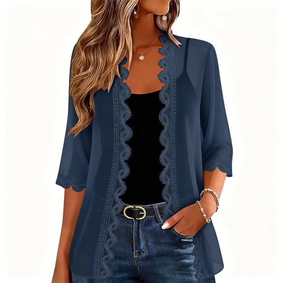 Sevevn Women's Lace Trim Chiffon Cardigan 3/4 Sleeve Sheer Open Front Cover Up Navy L
