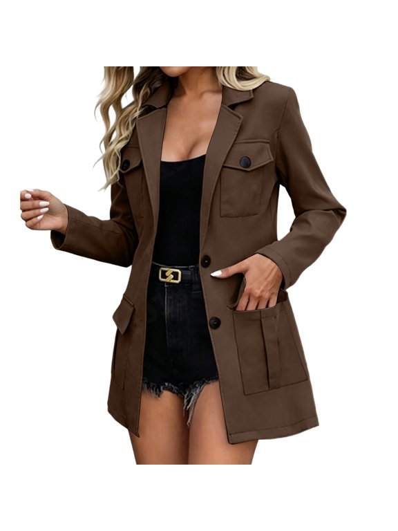 Women's Lapel Button Down Utility Jacket Mid Length Long Sleeve Blazer Coat with Multi Pockets Casual Work Outerwear Brown S