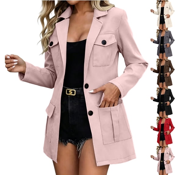Sevevn Women's Lapel Button Down Utility Jacket Mid Length Long Sleeve Blazer Coat with Multi Pockets Casual Work Outerwear Pink L