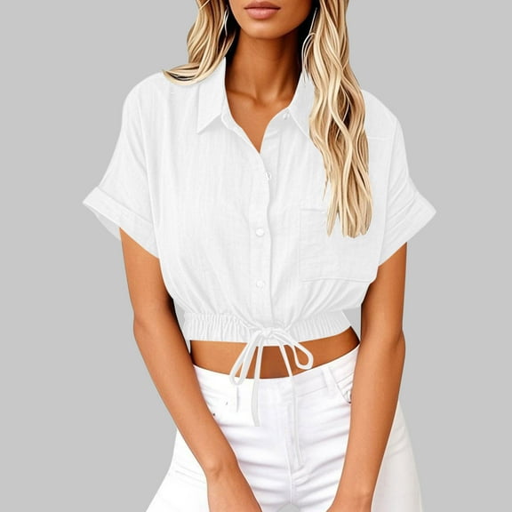 Sevevn Women's Lapel Short Sleeve Loose Button Cotton And Linen Tunic Summer Work Clothes Short Shirt Blouse Holiday Gift Finder White XL
