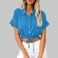 thumbnail image 1 of Sevevn Women's Lapel Short Sleeve Loose Button Cotton And Linen Tunic Summer Work Clothes Short Shirt Blouse Summer Savings Sky Blue M, 1 of 6