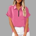 thumbnail image 1 of Sevevn Women's Lapel Short Sleeve Loose Half Zip Cotton And Linen Tunic Summer Work Clothes Shirt Blouse Early Access Deals Hot Pink XXL, 1 of 7