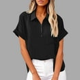thumbnail image 1 of Sevevn Women's Lapel Short Sleeve Loose Half Zip Cotton And Linen Tunic Summer Work Clothes Shirt Blouse End of Year Clearance Black M, 1 of 7