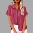 thumbnail image 1 of Sevevn Women's Lapel Short Sleeve Loose Zipper Cotton And Linen Tunic Summer Work Clothes Shirt Blouse Clearance Sales Online Deals Wine XXL, 1 of 6