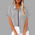 thumbnail image 1 of Sevevn Women's Lapel Short Sleeve Loose Zipper Cotton And Linen Tunic Summer Work Clothes Shirt Blouse Family Gifts Gray M, 1 of 6