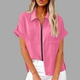 thumbnail image 1 of Sevevn Women's Lapel Short Sleeve Loose Zipper Cotton And Linen Tunic Summer Work Clothes Shirt Blouse New Year Hot Pink L, 1 of 6