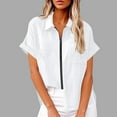 thumbnail image 1 of Sevevn Women's Lapel Short Sleeve Loose Zipper Cotton And Linen Tunic Summer Work Clothes Shirt Blouse Women Beach Fashion White S, 1 of 6