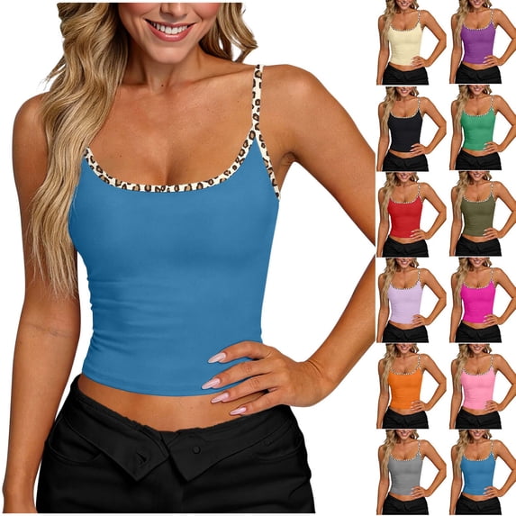 Sevevn Women’s Leopard Trim Tank Top Sleeveless Fitted Crop Cami Shirt Soft Stretch Casual Summer Top for Workout, Streetwear, Daily Wear Blue S