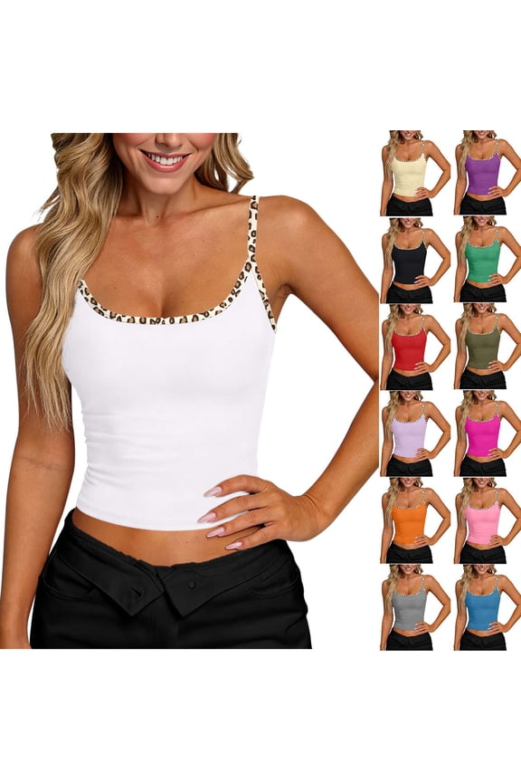 Women’s Leopard Trim Tank Top Sleeveless Fitted Crop Cami Shirt Soft Stretch Casual Summer Top for Workout, Streetwear, Daily Wear White M