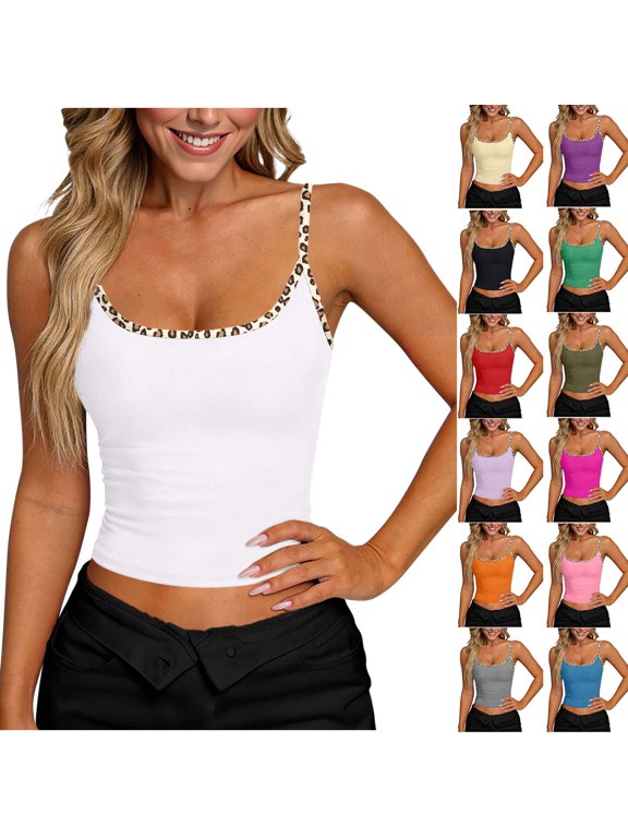 Women’s Leopard Trim Tank Top Sleeveless Fitted Crop Cami Shirt Soft Stretch Casual Summer Top for Workout, Streetwear, Daily Wear White M
