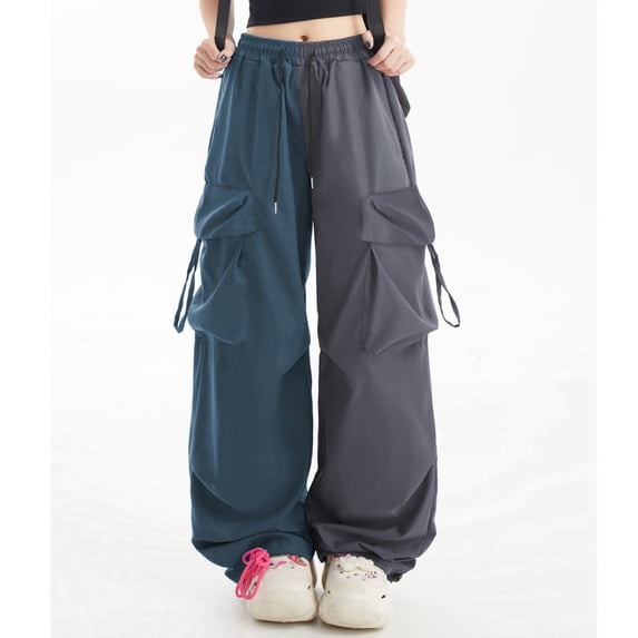 Sevevn Women's Lightweight Patchwork Cargo Joggers Color Block Streetwear Pants Drawstring Waist with Cargo Pockets Loose Fit Everyday Casual Outfits