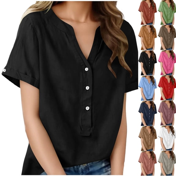 Sevevn Women's Linen Cotton Short Sleeve Henley Shirt Casual V-Neck Button Front Summer Blouse Black XXL