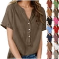 thumbnail image 1 of Sevevn Women's Linen Cotton Short Sleeve Henley Shirt Casual V-Neck Button Front Summer Blouse Coffee M, 1 of 9