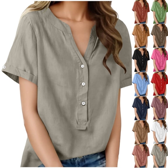 Sevevn Women's Linen Cotton Short Sleeve Henley Shirt Casual V-Neck Button Front Summer Blouse Gray M