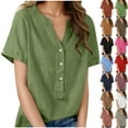 thumbnail image 1 of Sevevn Women's Linen Cotton Short Sleeve Henley Shirt Casual V-Neck Button Front Summer Blouse Green S, 1 of 9