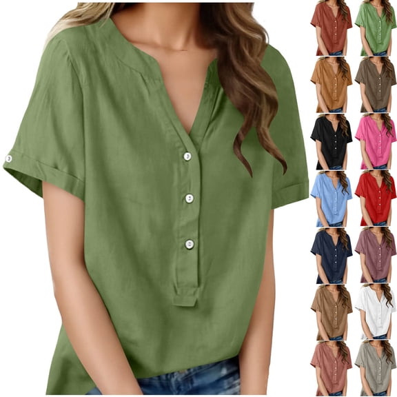 Sevevn Women's Linen Cotton Short Sleeve Henley Shirt Casual V-Neck Button Front Summer Blouse Green S