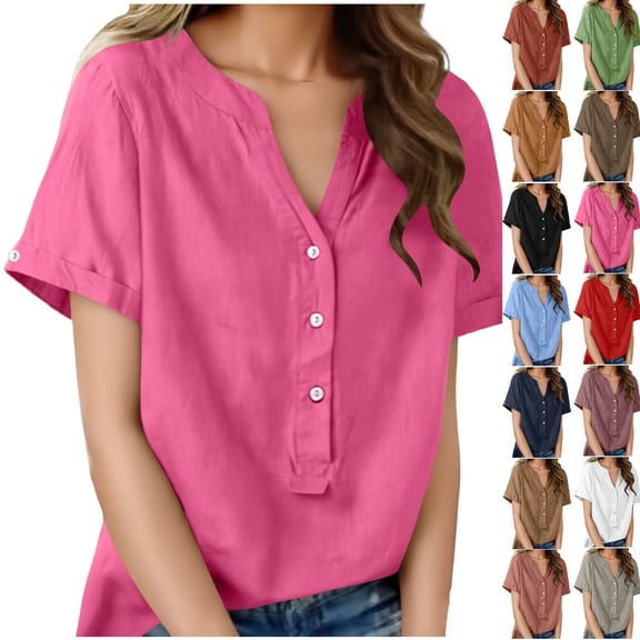 Sevevn Women's Linen Cotton Short Sleeve Henley Shirt Casual V-Neck Button Front Summer Blouse Hot Pink S