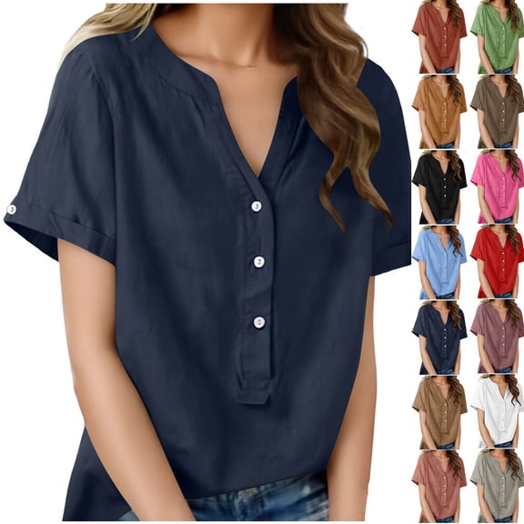 Sevevn Women's Linen Cotton Short Sleeve Henley Shirt Casual V-Neck Button Front Summer Blouse Navy S