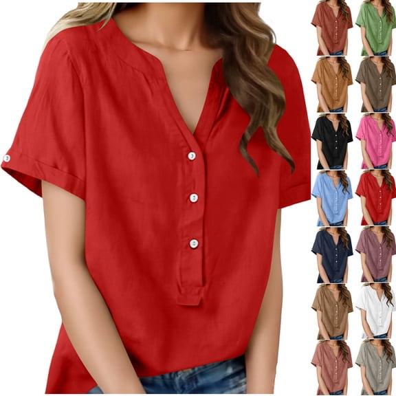 Sevevn Women's Linen Cotton Short Sleeve Henley Shirt Casual V-Neck Button Front Summer Blouse Red XL