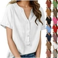 thumbnail image 1 of Sevevn Women's Linen Cotton Short Sleeve Henley Shirt Casual V-Neck Button Front Summer Blouse White XL, 1 of 9