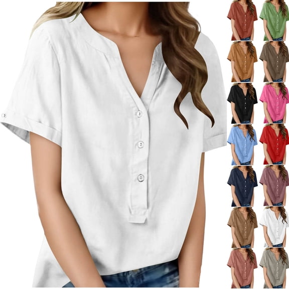 Sevevn Women's Linen Cotton Short Sleeve Henley Shirt Casual V-Neck Button Front Summer Blouse White XL