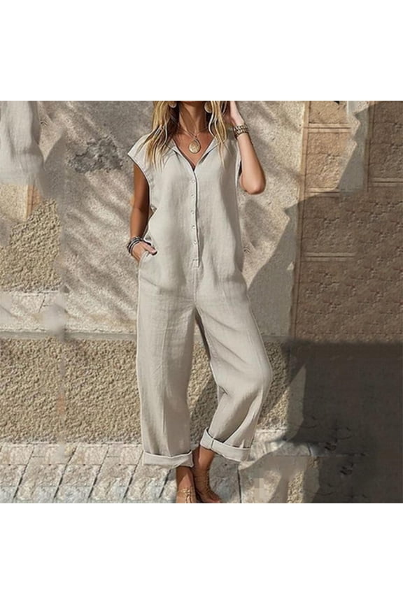 Women's Linen Sleeveless Button Front Jumpsuit Loose Wide Leg Roll-Up Pants Casual V-Neck Romper with Pockets Beige S