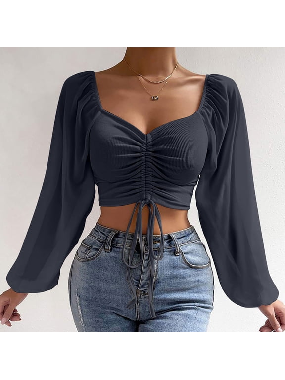 Women's Long Sleeve Mesh Solid Color Drawstring V-Neck Cropped Long Sleeves Top Blouse Navy M Deal of the Week