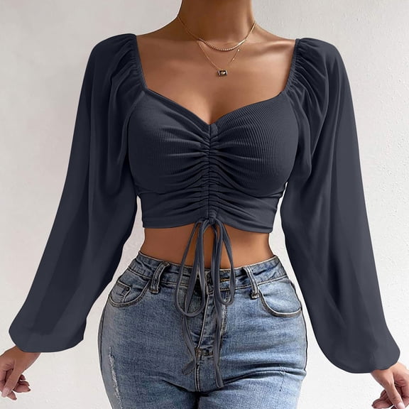 Sevevn Women's Long Sleeve Mesh Solid Color Drawstring V-Neck Cropped Long Sleeves Top Blouse Navy XXL Christmas Gift