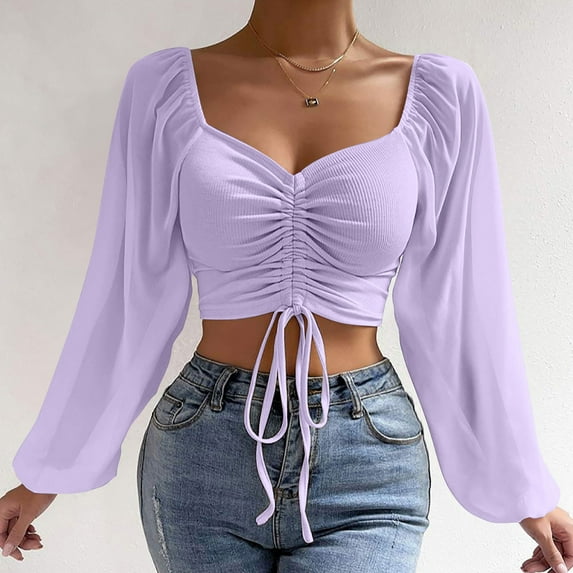 Sevevn Women's Long Sleeve Mesh Solid Color Drawstring V-Neck Cropped Long Sleeves Top Blouse Purple M Sales Today Clearance
