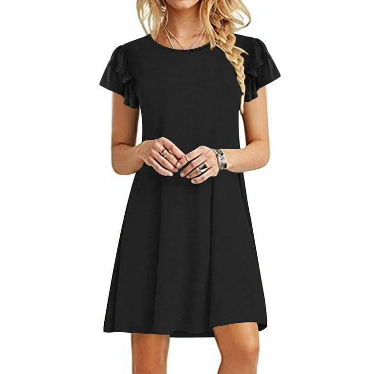 cute basic dresses Sevevn Women's Mini Summer Casual Ruffle Short Sleeve Round Neck Flowy Dress With Pockets, Size: 2XL, Black skirt is good for luxurybride Color:R29 Peacock Blue casual cute short dress Estella Corset Midi Dress