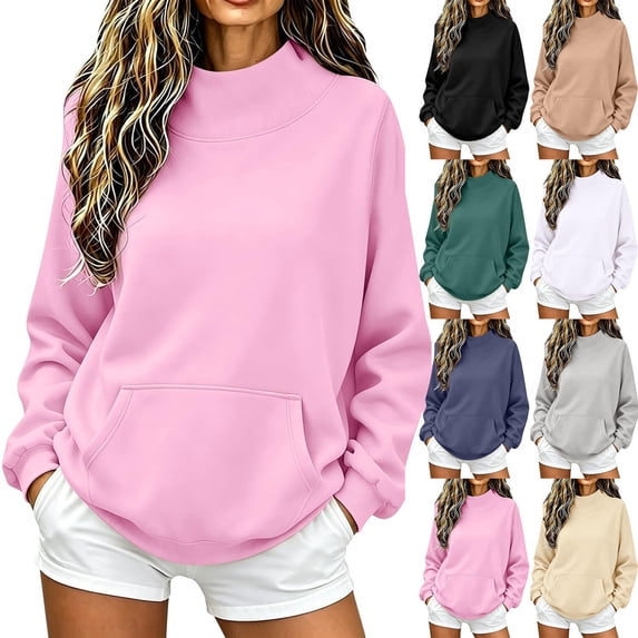 Sevevn Women's Mock Neck Pullover Sweatshirt Long Sleeve Casual Oversized Hoodie with Kangaroo Pocket Soft Fleece Sweatshirt Loose Tunic Top for Daily Wear Fall Winter Pink XXL