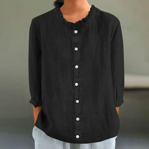 Sevevn Women's New 3/4 Sleeve Lace Neckline Solid Color Pullover Casual Top Spring Tops for Women Black M