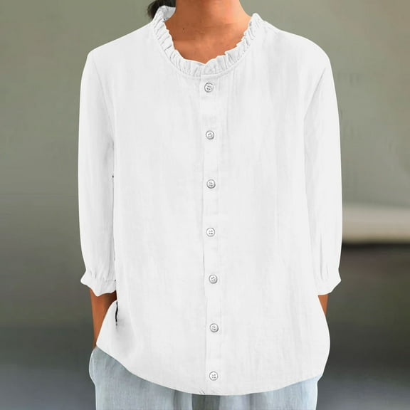 Sevevn Women's New 3/4 Sleeve Lace Neckline Solid Color Pullover Casual Top Women Beach Fashion White L