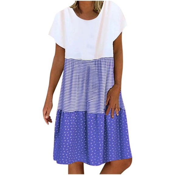 Womens Summer Dresses Sevevn Fashion Women Casual Loose Stripe Patchwork Round Neck Short Sleeves Dress