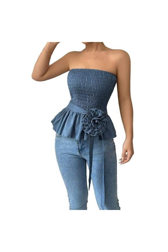 Women's Off Shoulder Peplum Tops Strapless Sleeveless Tube Top Shirred Ruffle Blouse Summer Shirt