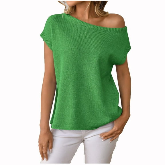 Sevevn Women's Off The Shoulder Sweater Tops Summer Short Sleeve Knit Casual Shirt 2025 Trendy Going Out Tops