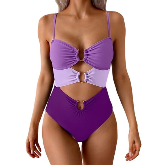 Sevevn Women's One Piece Cutout Swimsuit Color Block Spaghetti Strap Bathing Suits Tummy Control Swimwear Purple M