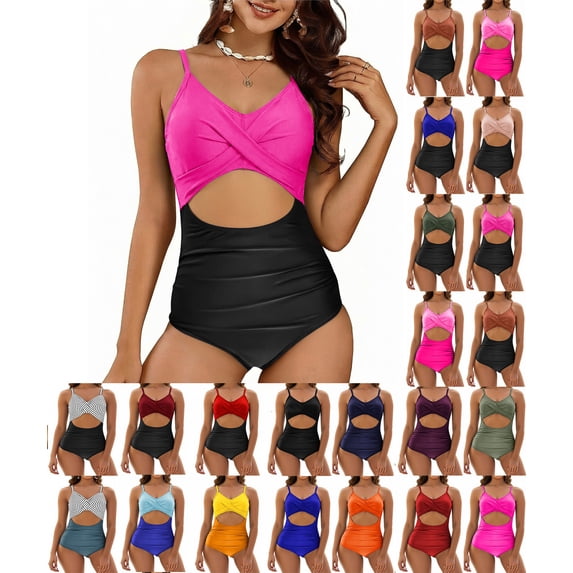 Sevevn Women's One-Piece Swimsuit Cutout Front Ruched Tummy Control Beachwear Summer Swimwear Black M