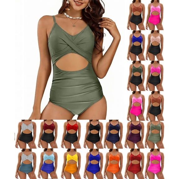 Sevevn Women's One-Piece Swimsuit Cutout Front Ruched Tummy Control Beachwear Summer Swimwear Green XXL