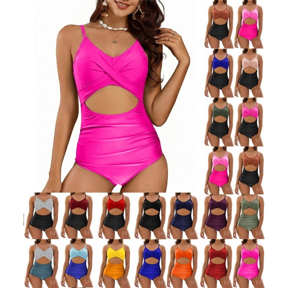 Sevevn Women's One-Piece Swimsuit Cutout Front Ruched Tummy Control Beachwear Summer Swimwear Hot Pink XL