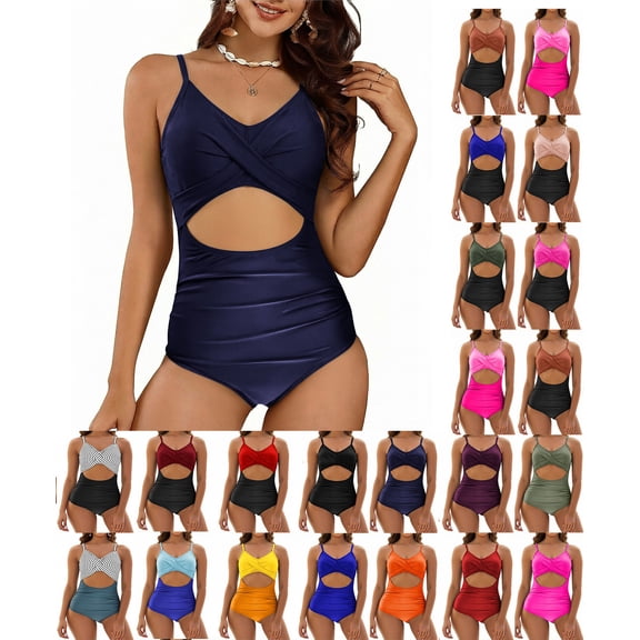 Sevevn Women's One-Piece Swimsuit Cutout Front Ruched Tummy Control Beachwear Summer Swimwear Navy XL
