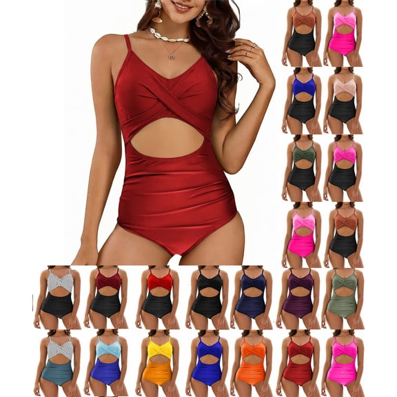 Sevevn Women's One-Piece Swimsuit Cutout Front Ruched Tummy Control Beachwear Summer Swimwear Red XL