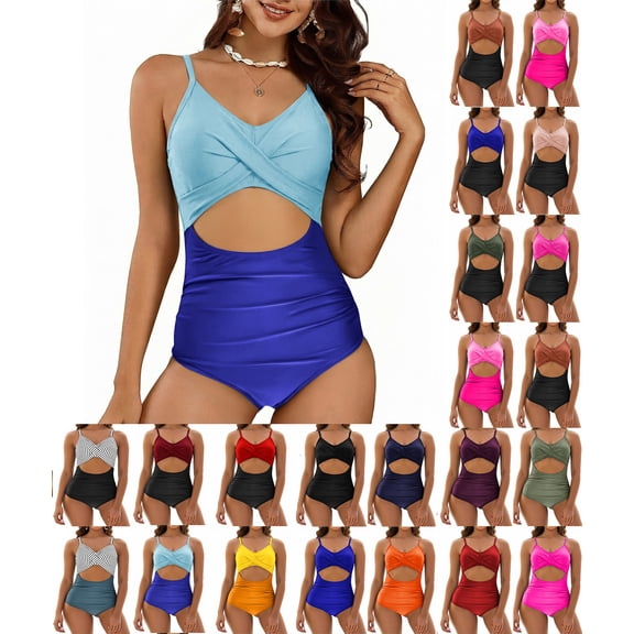 Sevevn Women's One-Piece Swimsuit Cutout Front Ruched Tummy Control Beachwear Summer Swimwear Sky Blue M