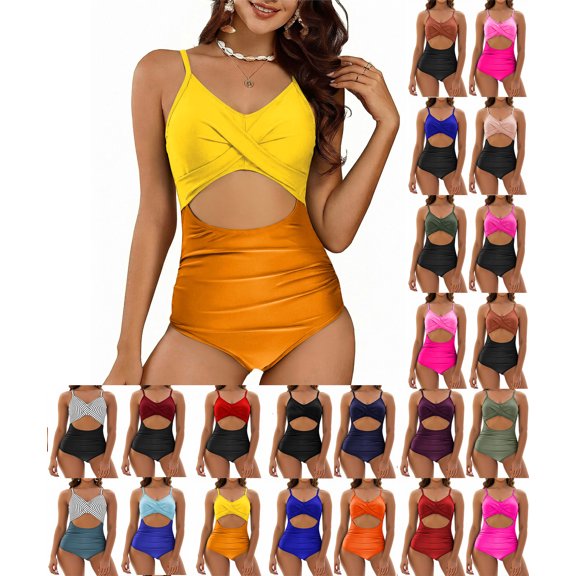 Sevevn Women's One-Piece Swimsuit Cutout Front Ruched Tummy Control Beachwear Summer Swimwear Yellow XXL