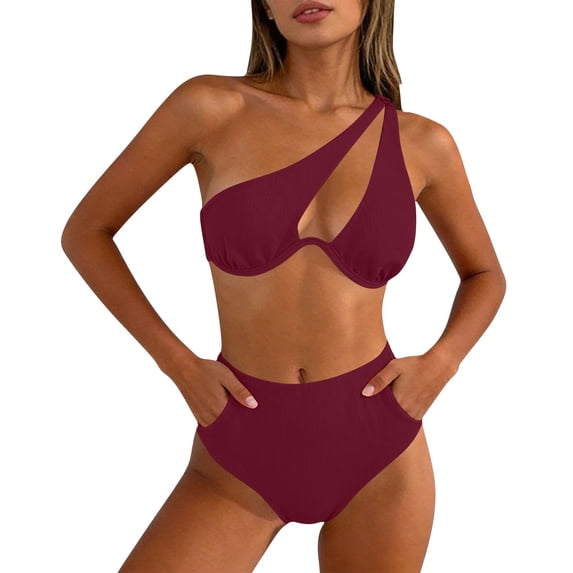 Sevevn Women's One Shoulder Cutout Bikini Set Ribbed High Waist Two Piece Swimsuit Wine M