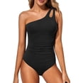 thumbnail image 1 of Sevevn Women's One Shoulder Ruched One Piece Swimsuit Tummy Control Cutout Bathing Suit Black S, 1 of 5