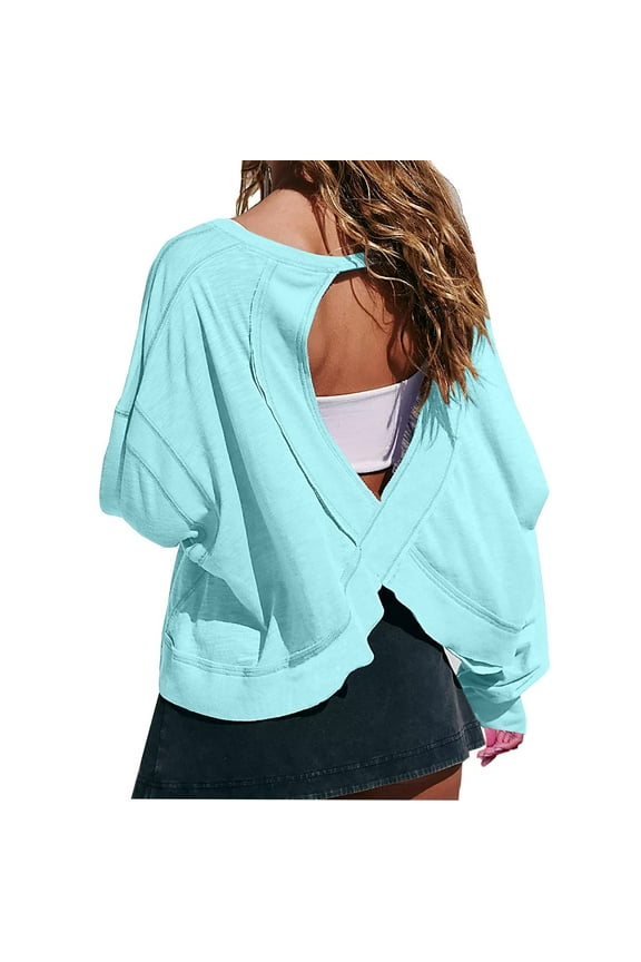 Women's Open Back Workout Crop Tops Long Sleeve Casual Shirts Athletic Gym Yoga Tee with Thumb Hole